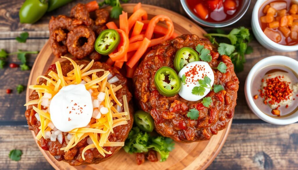 chili burger toppings, beef patty, cheddar cheese, hamburger bun, comfort food