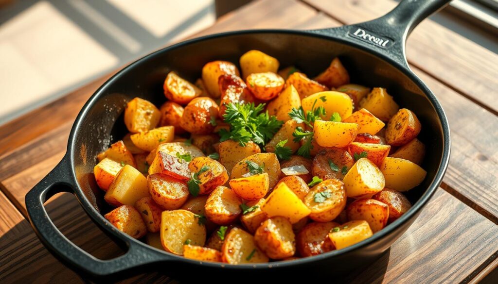 skillet potatoes, breakfast hash browns, golden breakfast taters