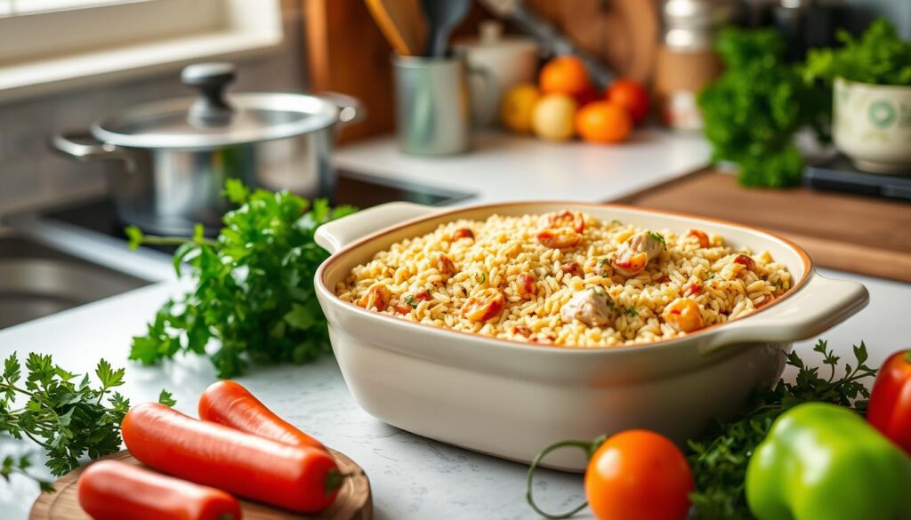 Comforting Turkey Rice Gratin served on a plate with a golden, bubbly top and a side of vegetables, comfort food, one-pot meals