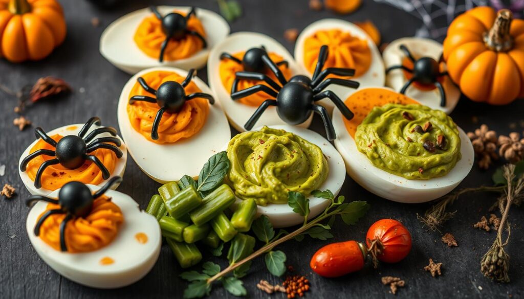 Halloween deviled eggs ingredients, devilishly delicious eggs, halloween party food