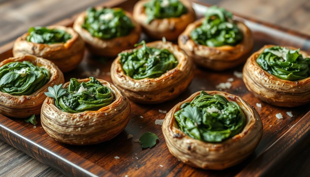 Spinach Stuffed Mushroom Caps, vegetarian appetizers, savory finger food