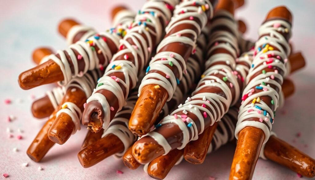 chocolate covered pretzel rods, gourmet pretzel treats, indulgent pretzel bites