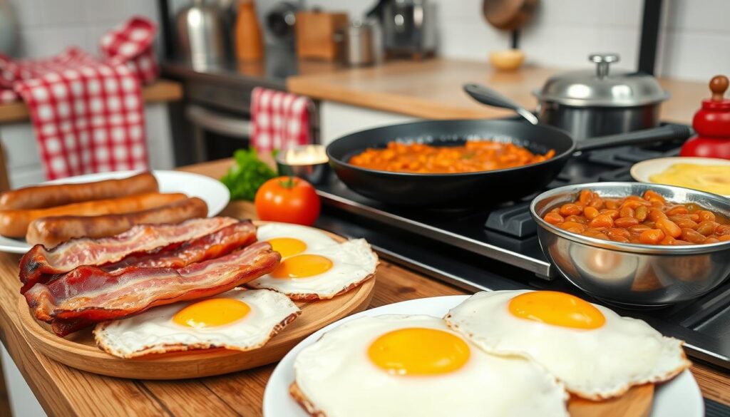 full english breakfast cooking, bacon eggs beans english breakfast