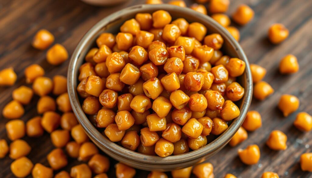 honey roasted chickpeas, honey-glazed chickpea bites, honey-coated chickpea munchies